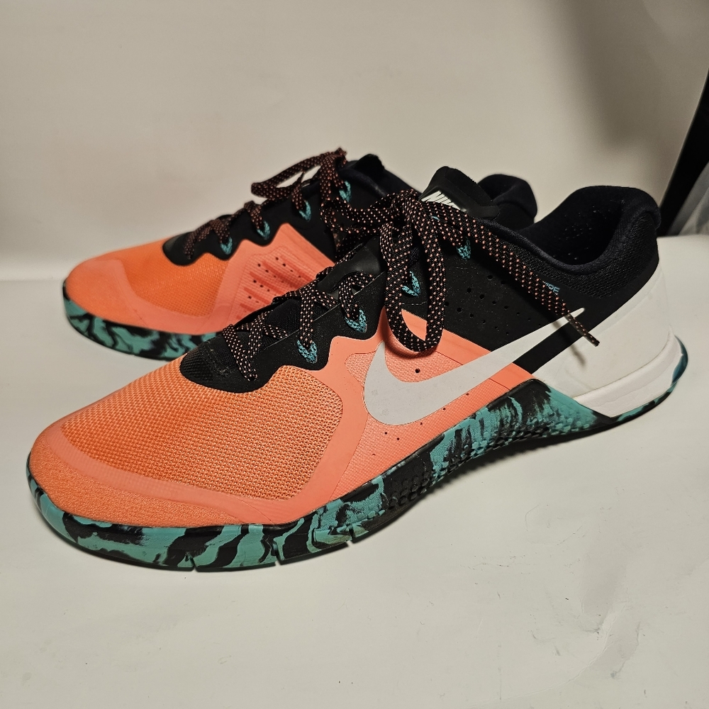 Nike Metcon 2 Flywire Training Shoes Men's 12.5 Mango/Black/Green EUC